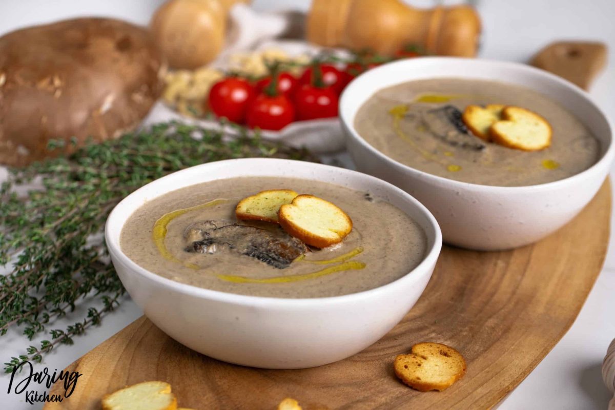 Rich and creamy, this cream of mushroom soup features fresh portabellos, thyme, and coconut milk. It will definitely make your kitchen smell like heaven!