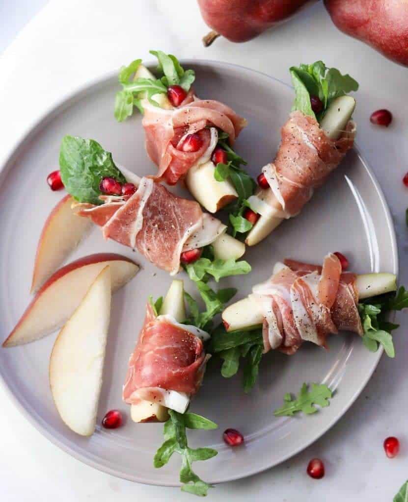 This is the perfect no-cook appetizer for your next holiday party or get-together! Prosciutto Pears with Arugula Salad are deliciously sweet AND savory – plus they’re Whole30, Paleo & Gluten Free!