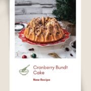 Gorgeous cranberry bundt cake with chocolate chips, cinnamon, and of course dried cranberries. Placed on a red plate.