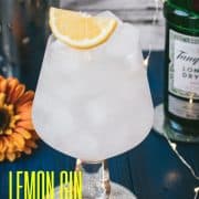 Gorgeous glass filled with a refreshing lemon gin and tonic. Placed on blue wooden ground.