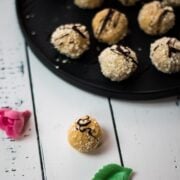 Gorgeous mascarpone eggnog cookie, rolled in ladyfinger crumbs and drizzled with chocolate sauce.