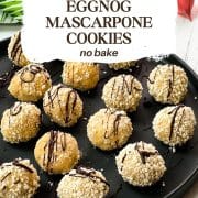 Gorgeous mascarpone eggnog cookies, rolled in ladyfinger crumbs and drizzled with chocolate sauce.