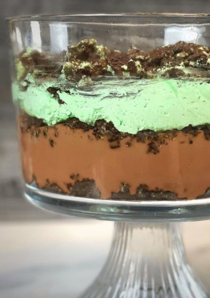 St. Patrick's Day Mint Oreo Pudding Cake ready to eat