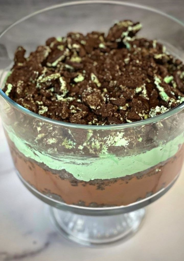 St. Patrick's Day Mint Oreo Pudding Cake ready to eat