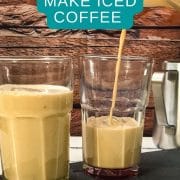 Pouring iced coffee into glass.