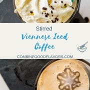 Glass filled with creamy iced coffee, garnished with whipped cream and chocolate sprinkles.