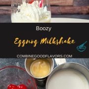 Glass with homemade eggnog milkshake, topped with whipped cream and a yummy cocktail cherry on top.