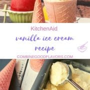 Loaf pan filled with homemade vanilla ice cream and scooped out vanilla icecream. With pink ice cream cones alongside.
