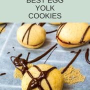 Egg yolk cookies, assembled with strawberry jam and drizzled with dark chocolate couverture.