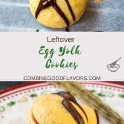 Egg yolk cookies, assembled with strawberry jam and drizzled with dark chocolate couverture.