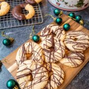 Chocolate drizzled and chocolate dipped butter cookies ready to eat.