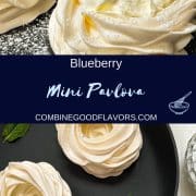 Meringue nests filled with whipped cream, decorated with blueberries and mint leaves, and dusted with powdered sugar. Placed on black serving plate.
