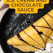 Thin pancake dough, filled with delicious vanilla bean ice cream, drizzled with chocolate sauce, and refined with whipped cream and chocolate sprinkles!