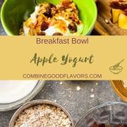 Breakfast bowl with grated apples, raisins, yogurt, honey and rolled oats.