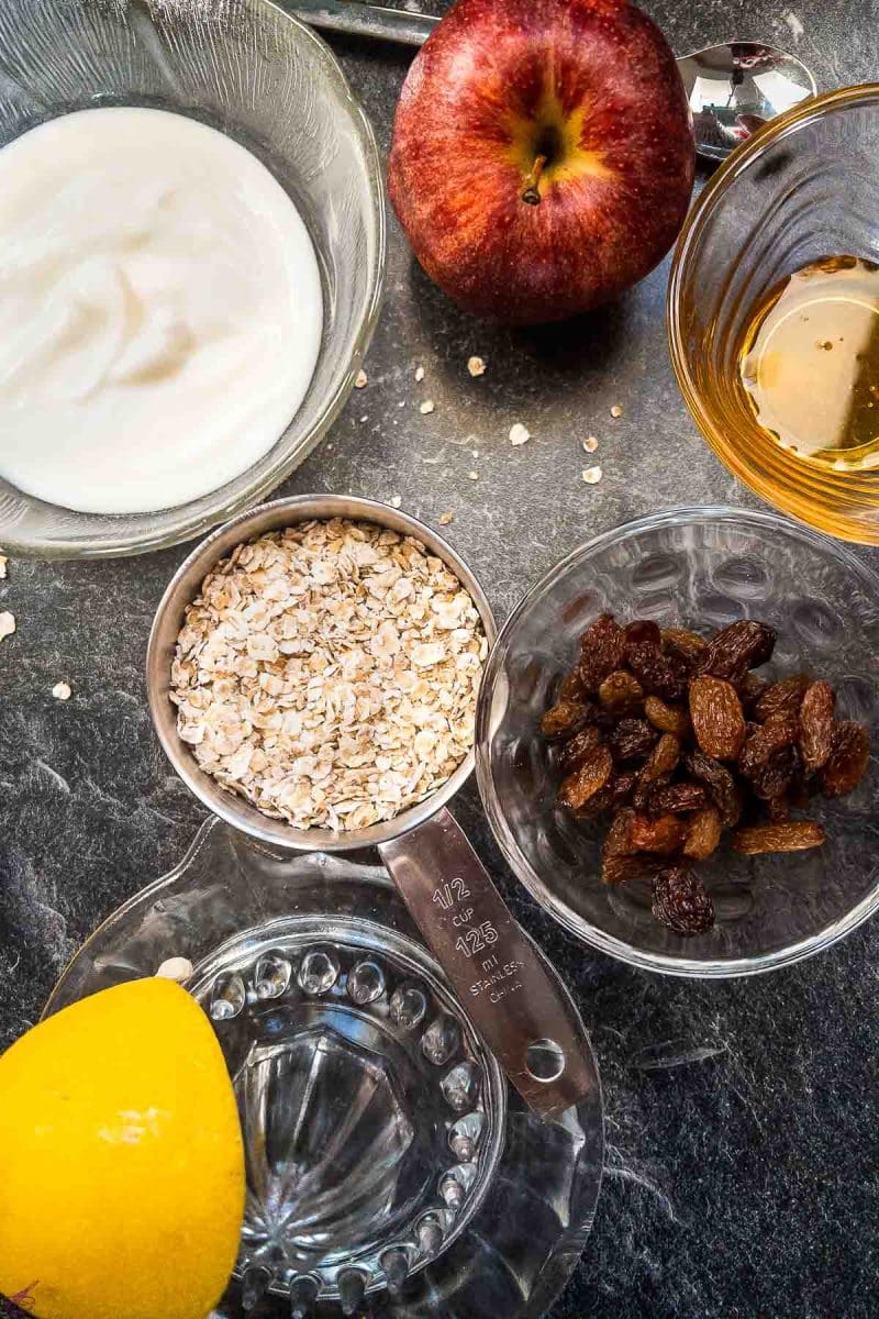 Ingredients for a delicious yogurt apple breakfast bowl. 