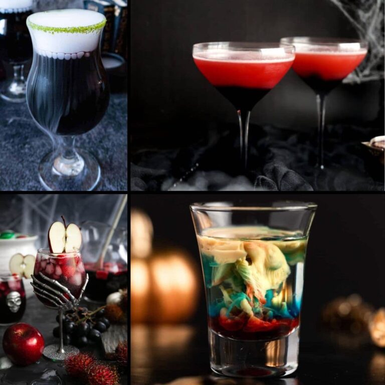 A spooky selection of deliciously ghoulish drinks for your next Halloween party! Divided into color sections to make it easier for you to find the right cocktail or drink for the matching theme.
