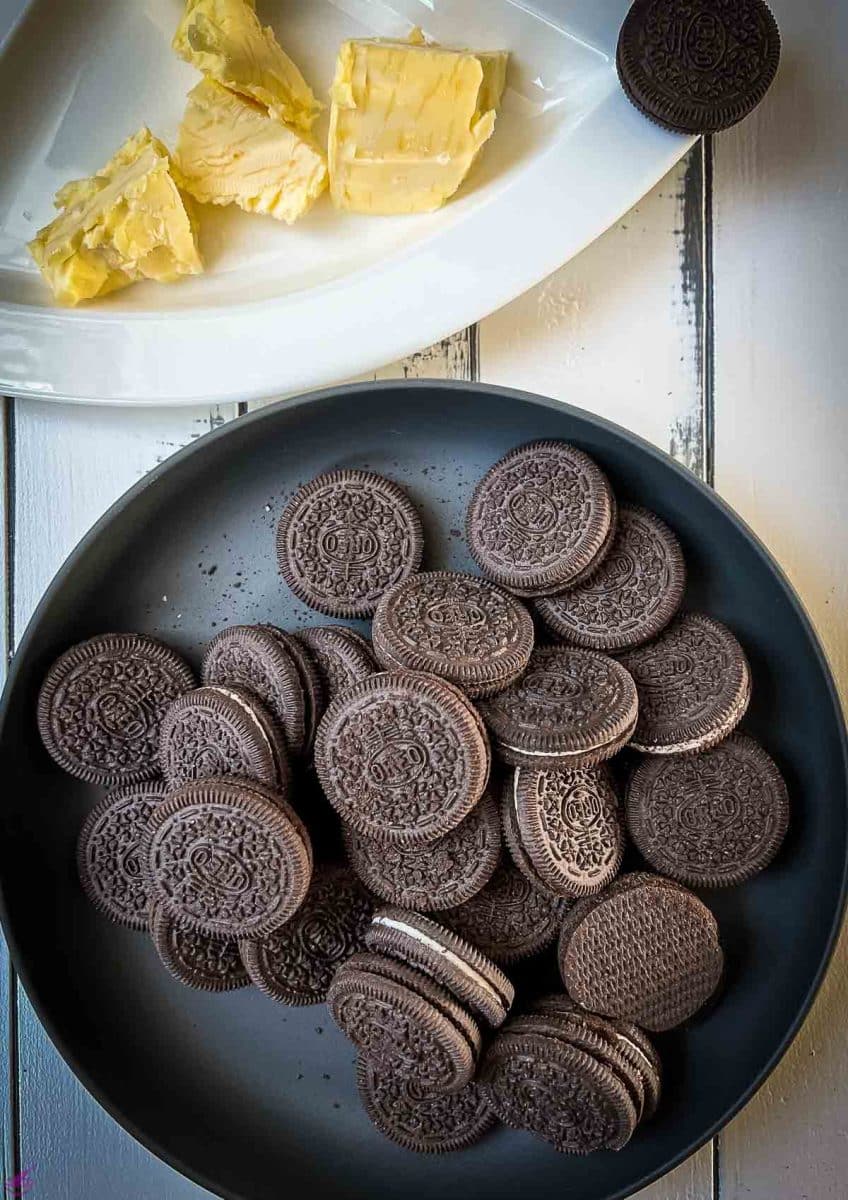 Oreo cookies and butter for the cheesecake crust. 