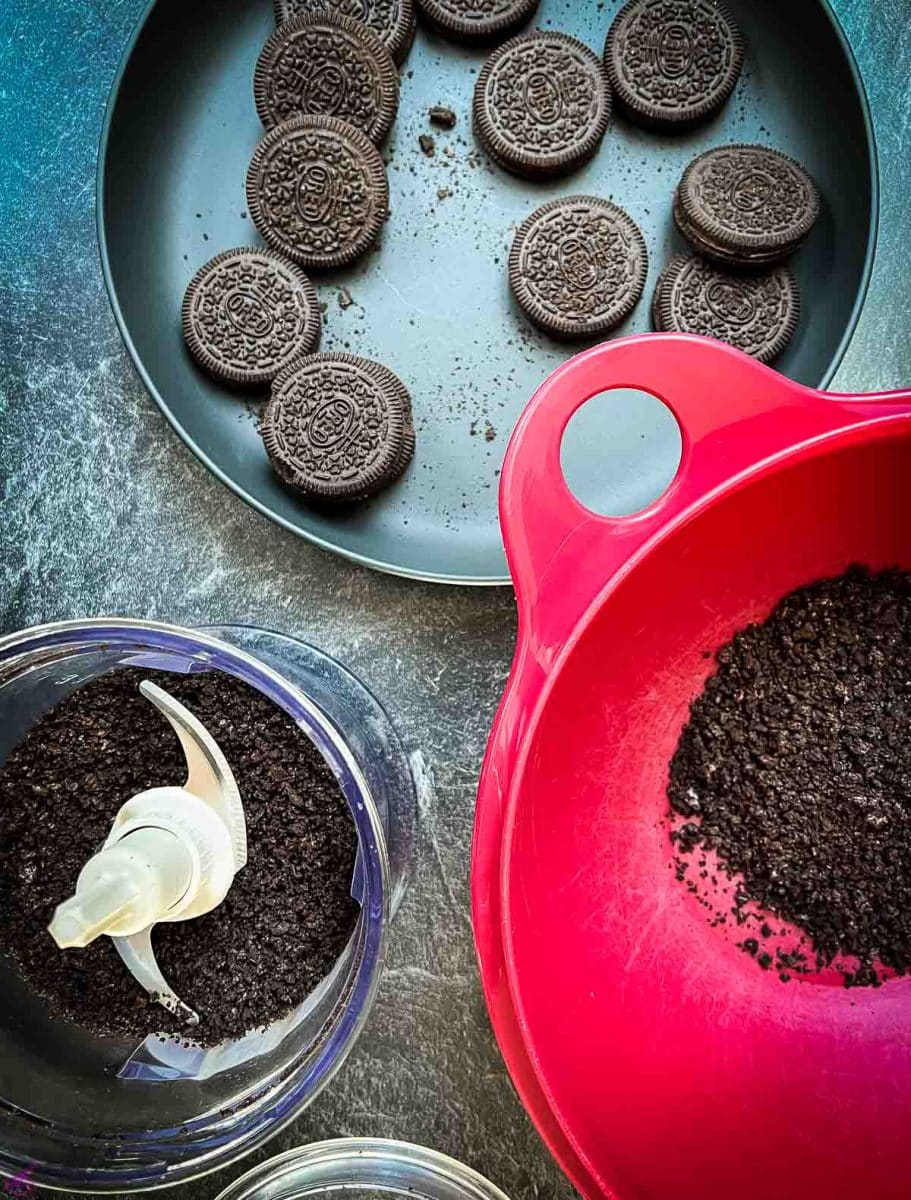 Crush Oreo cookies with a food processor before adding the butter. 