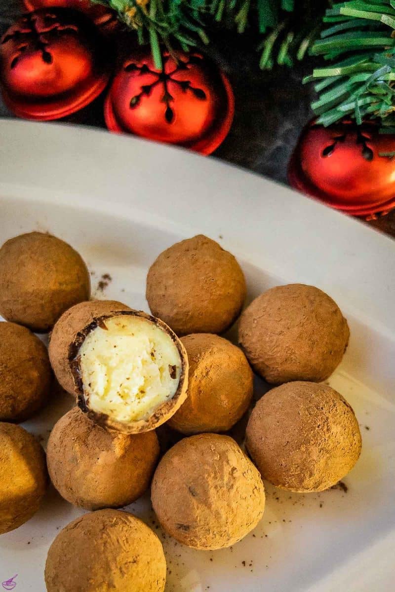 Delightful eggnog chocolates - covered with a thin layer of chocolate and rolled in Criollo cocoa powder.