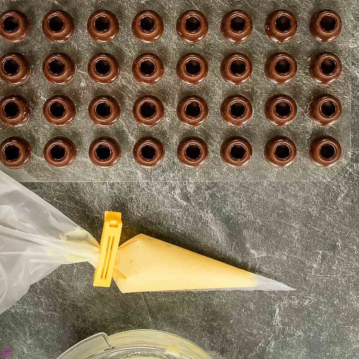 Empty chocolate hollow spheres prior eggnog filling.