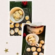 Melt-in-your-mouth butterball cookies on placed on cooling rack next to tea cup filled with butterball cookies.