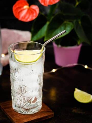 Highball glass filled with gin and tonic, garnished with lime, placed on wooden coaster.