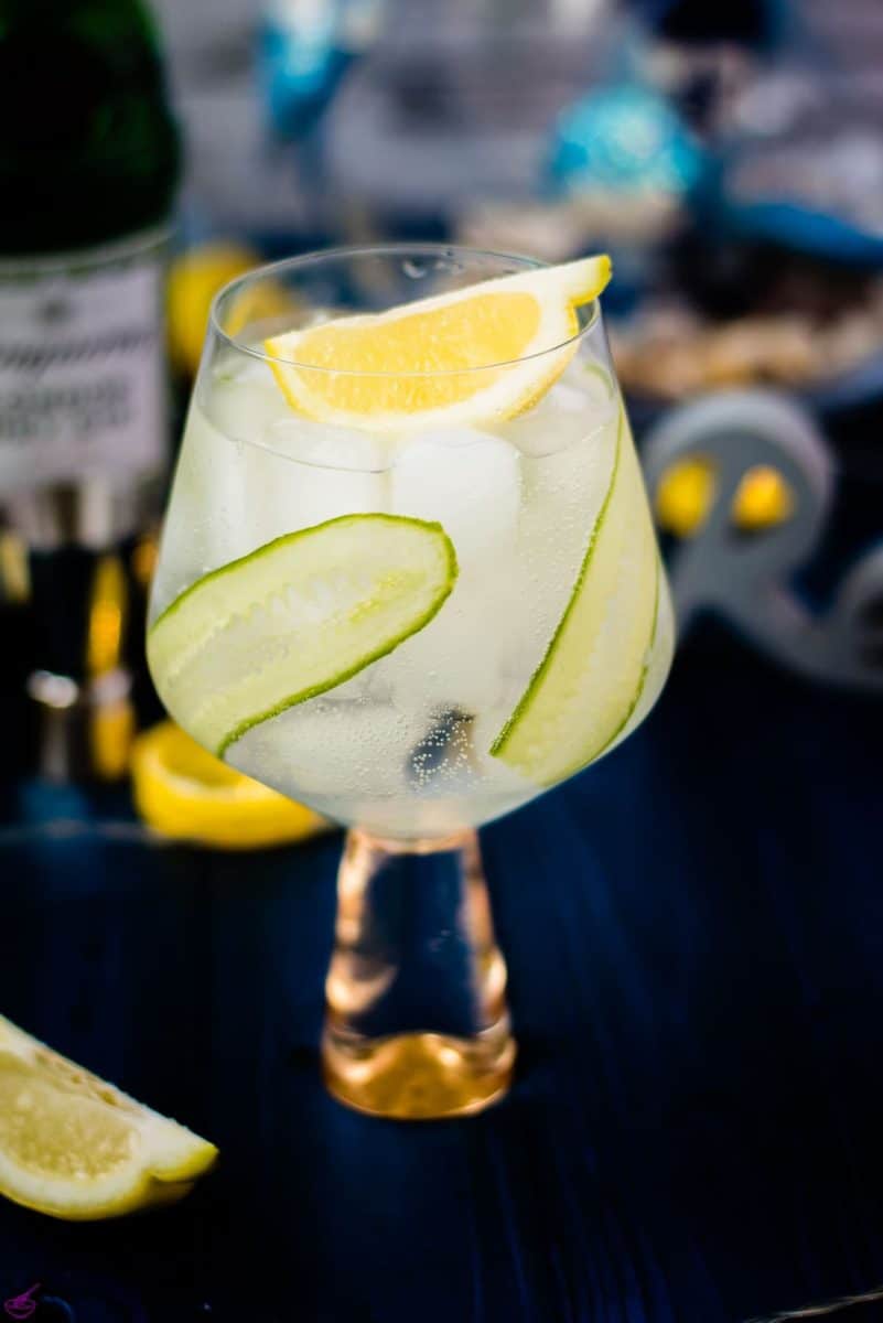 Gorgeous cucumber gin and tonic, with thinly sliced cucumber, placed on the inside of the glass. So refreshing!