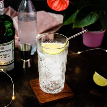 Highball glass filled with gin and tonic, garnished with lime, placed on wooden coaster.