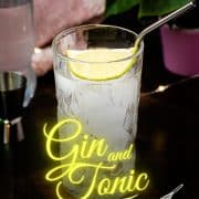 Highball glass filled with gin and tonic, garnished with lime, placed on wooden coaster.