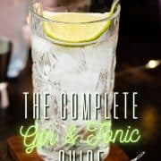 Highball glass filled with gin and tonic, garnished with lime, placed on wooden coaster.
