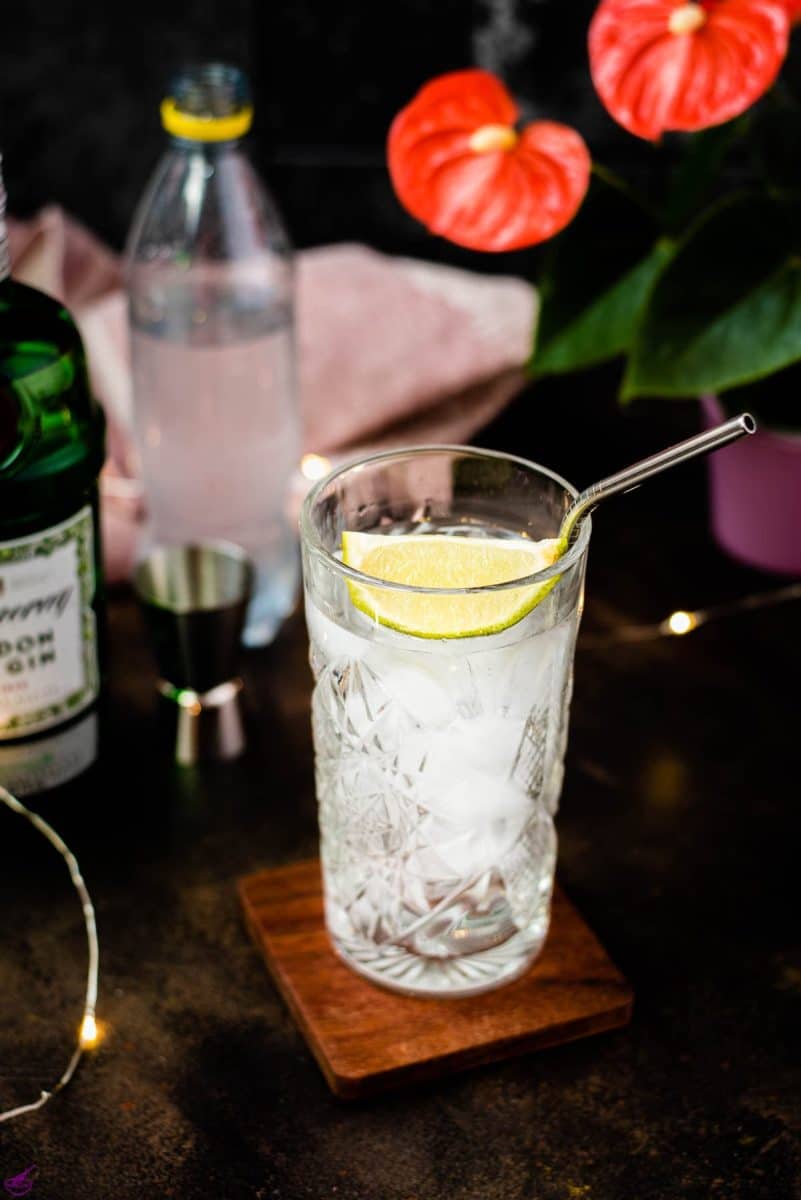 Highball glass filled with gin and tonic, garnished with lime, placed on wooden coaster.