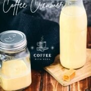 Mason jar and preserving bottle filled with delicious salted caramel coffee creamer.