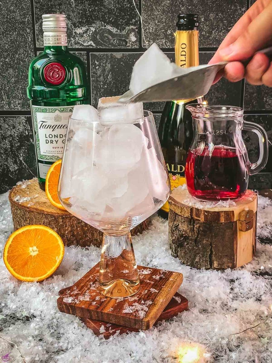 Fill your glass with cubed ice.