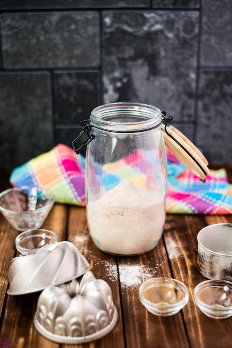 Mason jar, filled with homemade cake mix.