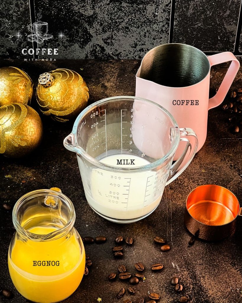 Three ingredients and a handful of cubed ice are required for making a delicious iced eggnog latte!