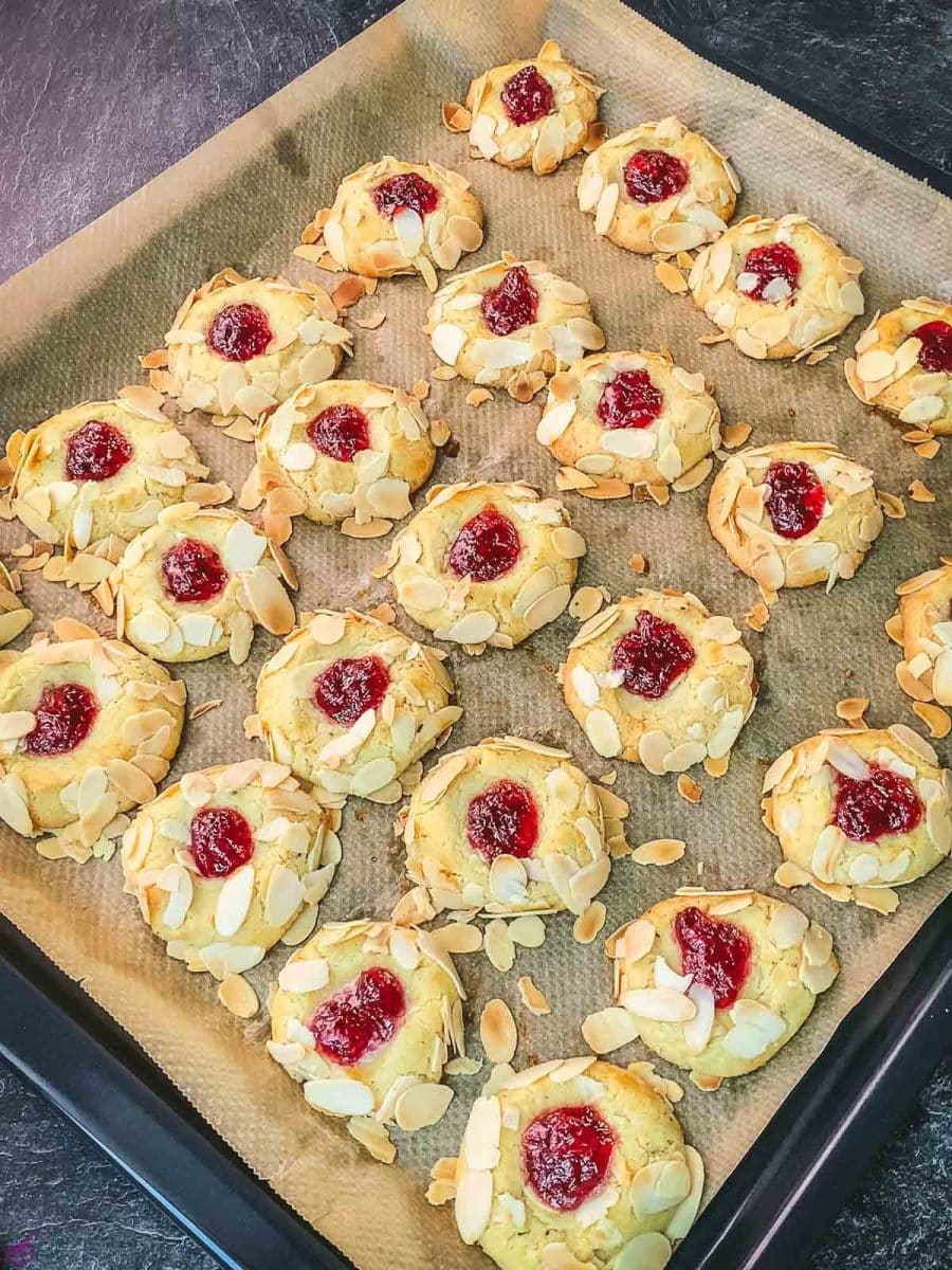 Fully baked cookies right on the hot baking sheet. Fresh from the oven.