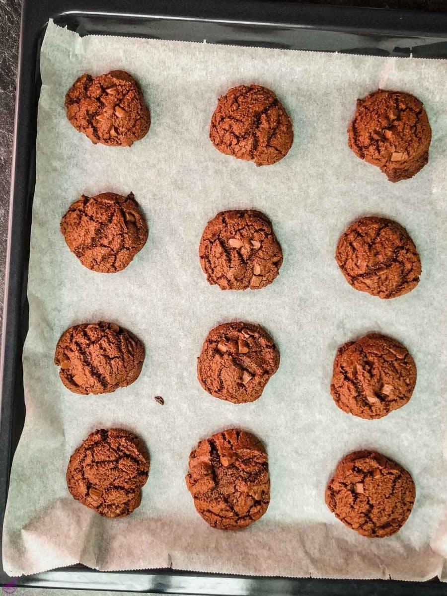 Coffee chocolate chip cookies after baking.