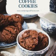 Beautiful coffee chocolate chip cookies, on blue white porcelain.