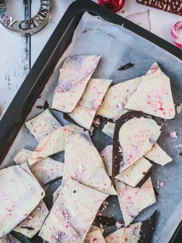 Beautiful black and white peppermint chocolate bark sprinkled with crushed candy canes.