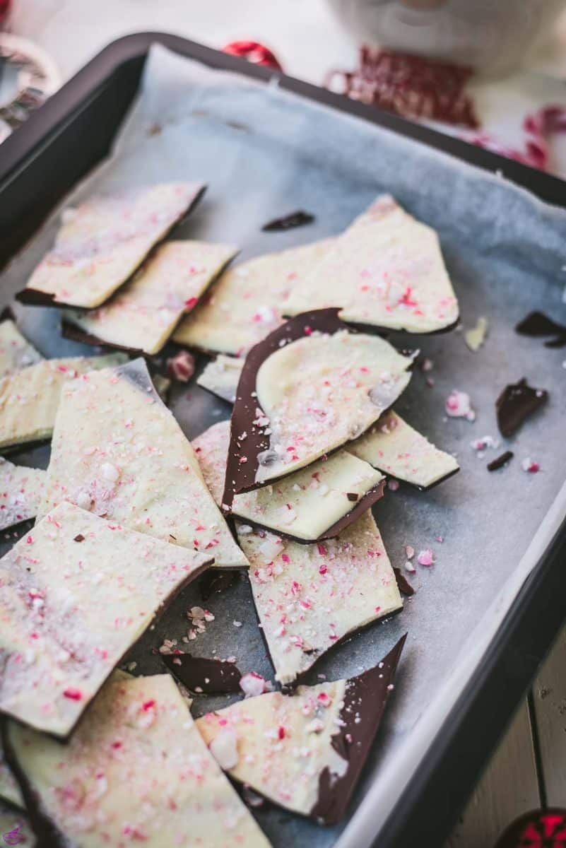 Beautiful black and white peppermint chocolate bark sprinkled with crushed candy canes.