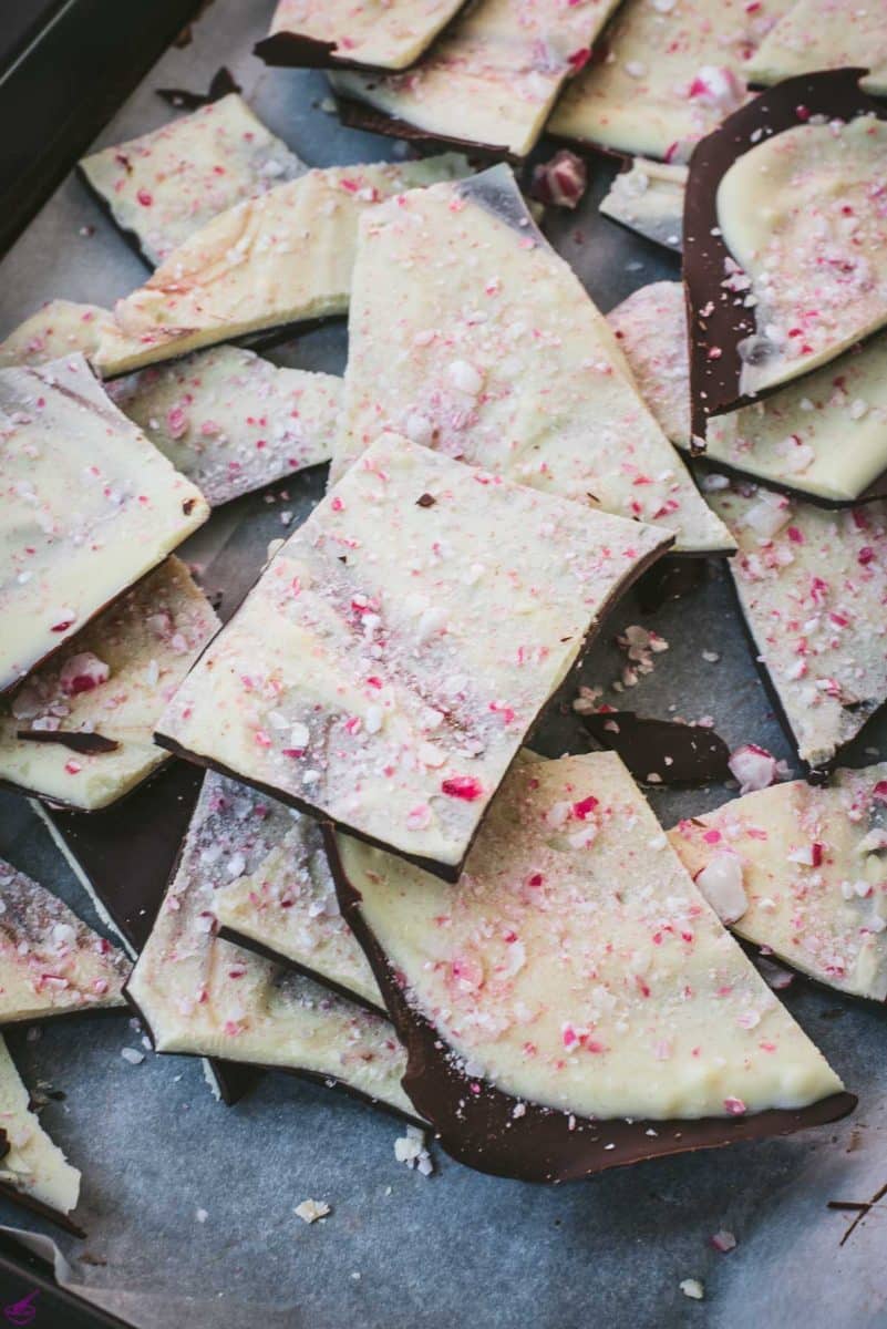 Beautiful black and white peppermint chocolate bark sprinkled with crushed candy canes.