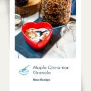 Gorgeous heart shaped breakfast bowl, filled with delicious maple cinnamon granola with milk.