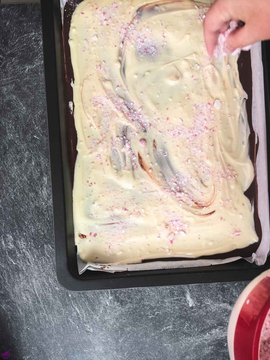 Sprinkle the white chocolate layer with crushed candy canes.