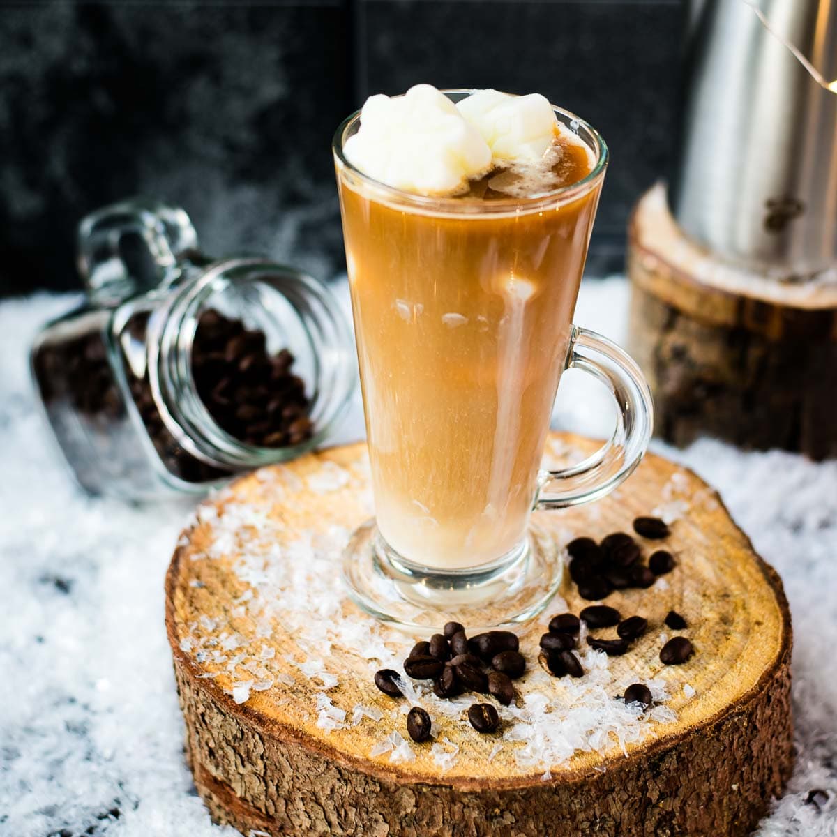 Divine iced coffee with snowflake shaped milk cubes.