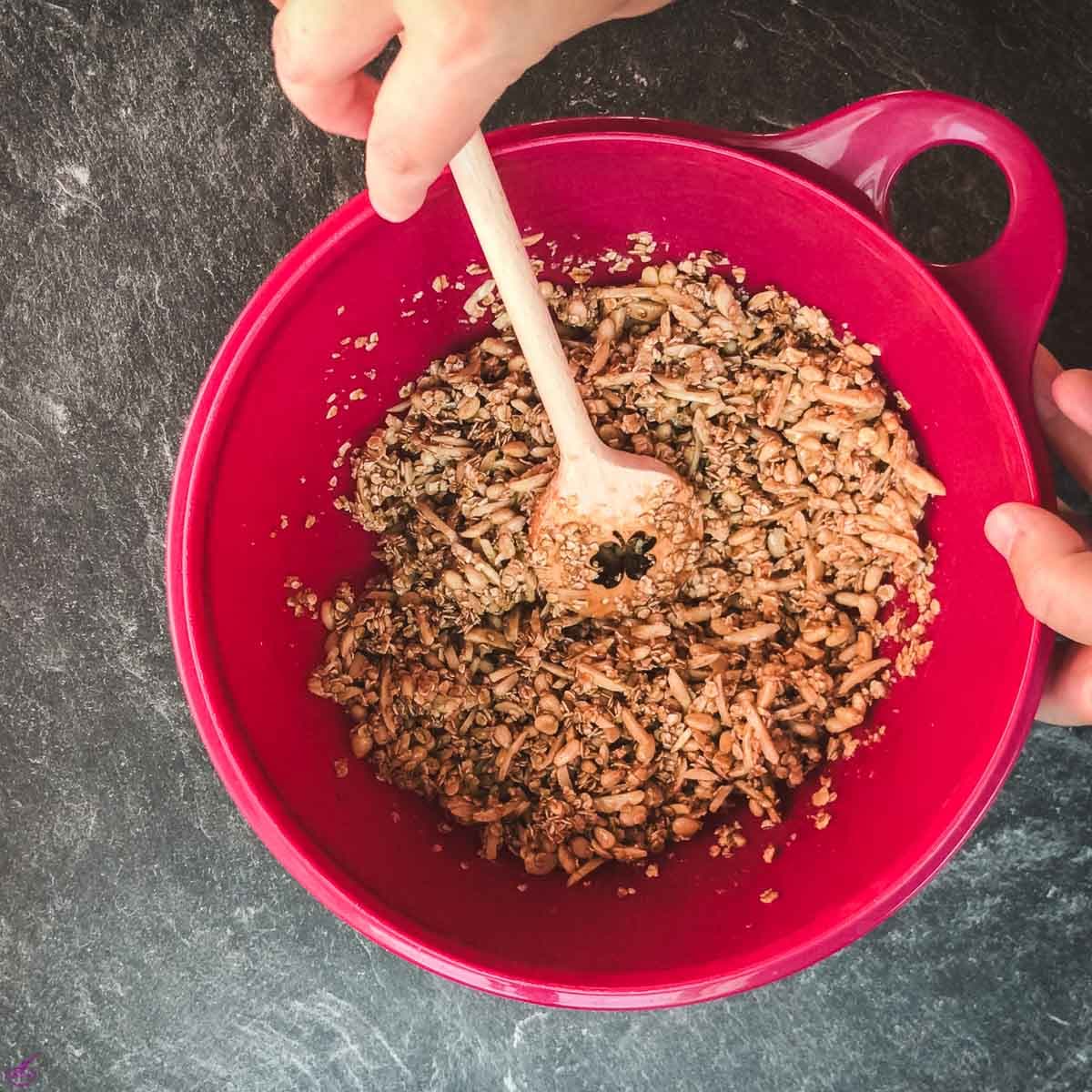 Combine the oats, salt, cinnamon, almonds, pine nuts, and coconut with the maple syrup coconut fat mixture.