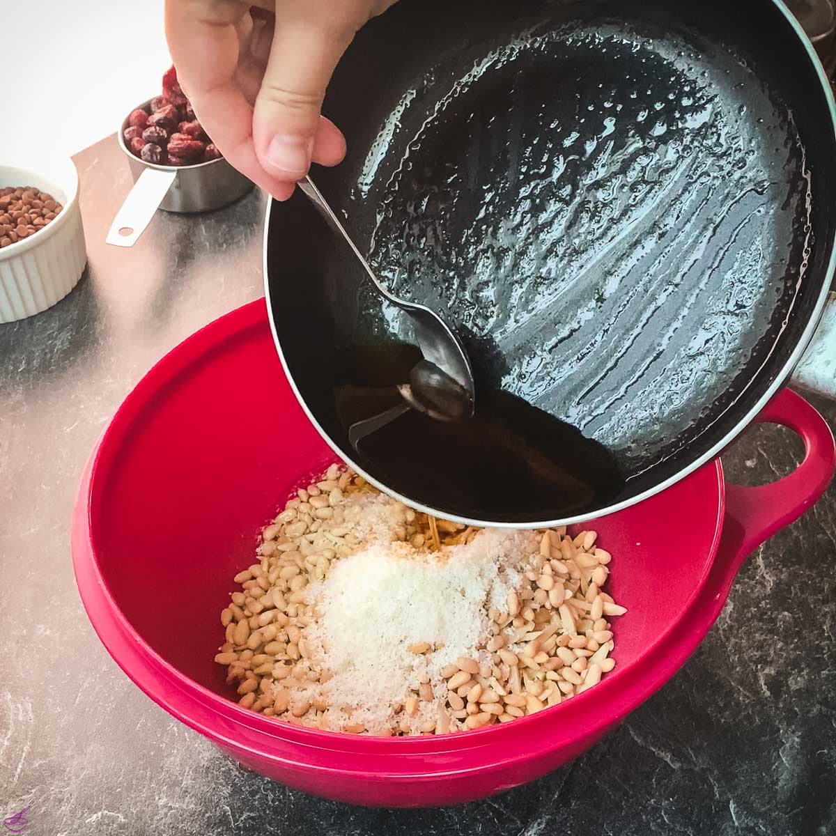 Pour the maple coconut fat mixture into the dry mix.