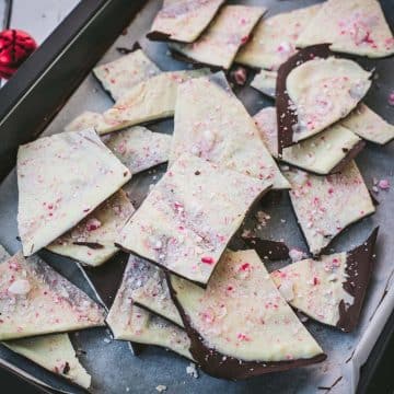 Beautiful black and white peppermint chocolate bark sprinkled with crushed candy canes.