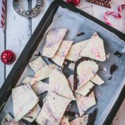 Beautiful black and white peppermint chocolate bark sprinkled with crushed candy canes.