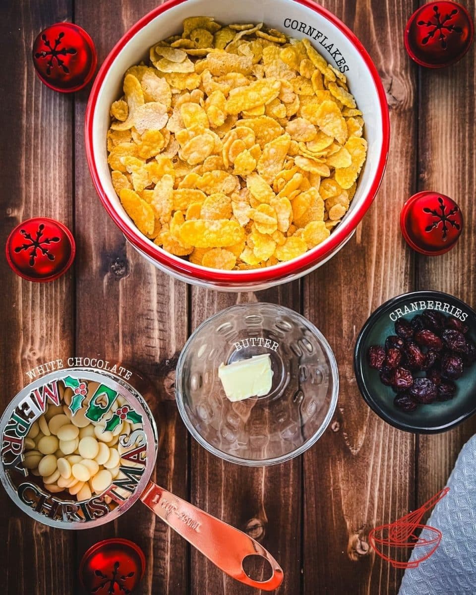 Four simple ingredients are required for making delicious white chocolate cranberry cornflake clusters!