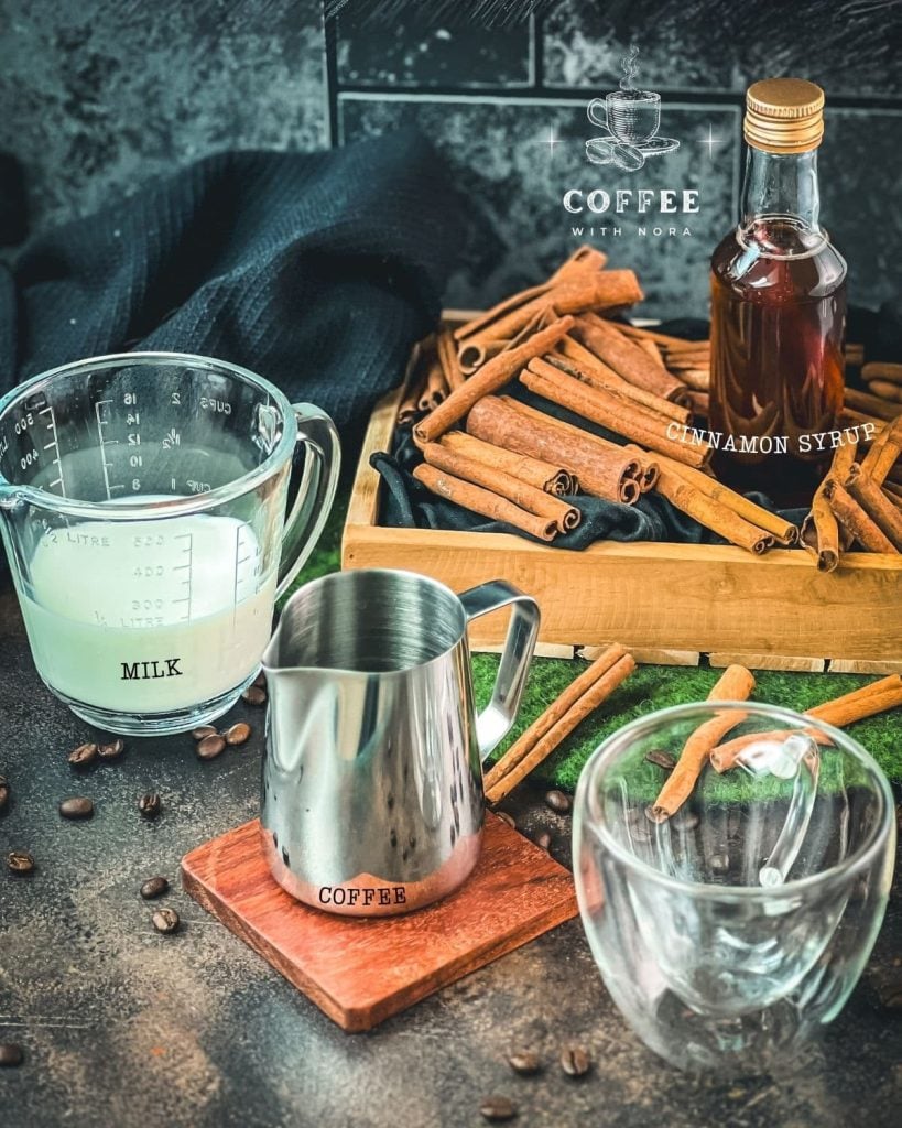 Coffee, milk, and a delicious homemade cinnamon dolce syrup are required for making a delicious cinnamon latte.